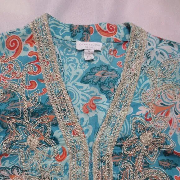 CHARTER CLUB womens TUNIC paisley EMBROIDERED metallic aqua CORAL SIZE 1X - Picture 2 of 8